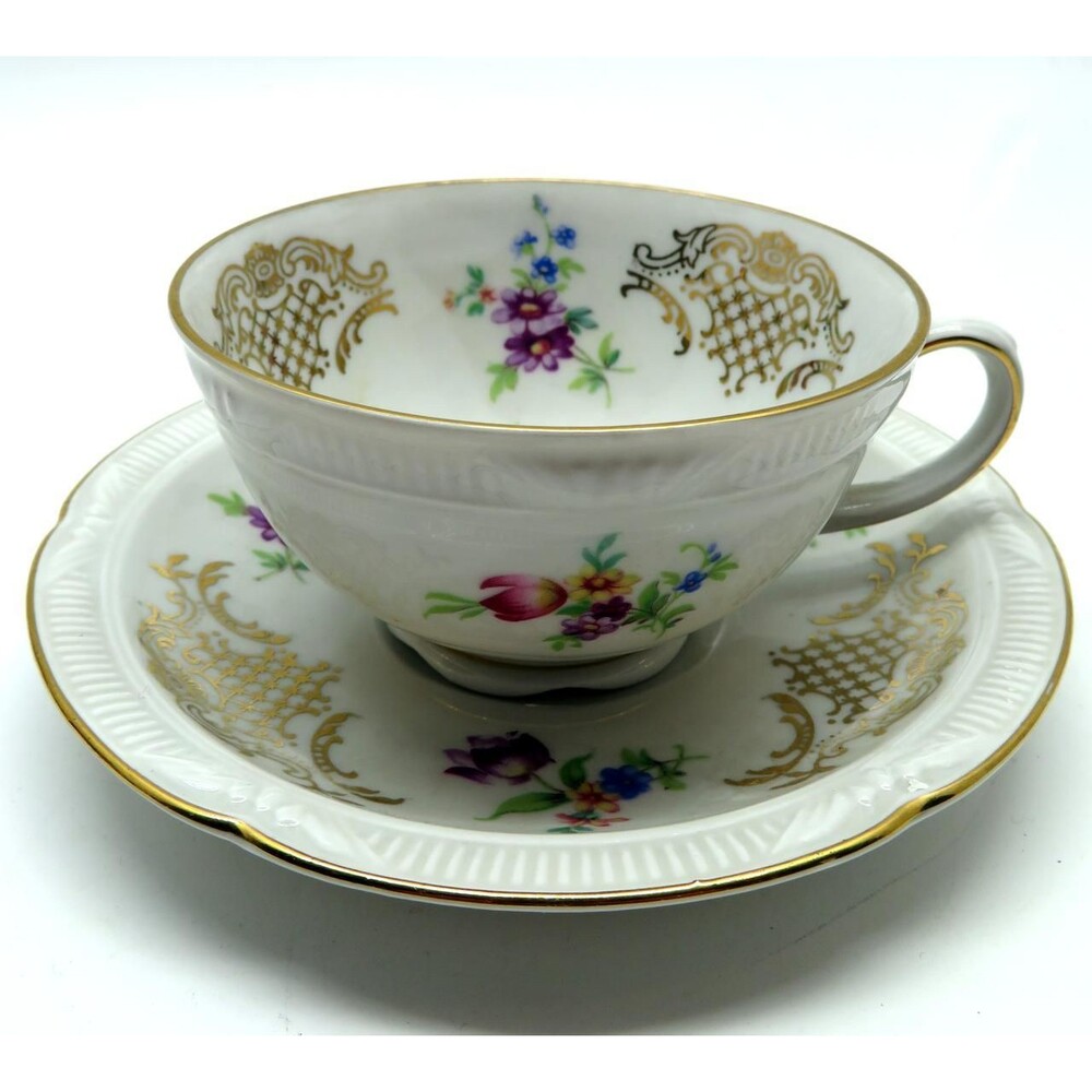 Vintage Teacup and Saucer Zeh Scherzer Bavaria Germany US Zone Floral with Gold